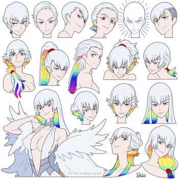 1girl alternate_hair_length alternate_hairstyle artist_name bald bare_shoulders breasts cleavage closed_mouth colored_inner_hair english_text eyelashes flat_color hair_over_shoulder hand_on_own_shoulder highres jacket kill_la_kill kiryuuin_ragyou long_hair multicolored_hair multiple_views navel ponytail rainbow_hair red_eyes shio_(zsp1jqohfr12495) short_hair simple_background smile stomach undercut very_short_hair white_background white_hair white_jacket