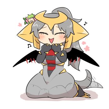 2girls :3 black_wings blush_stickers commentary dragon_tail dress elbow_gloves fake_horns flower flower_symbol gen_4_pokemon giratina giratina_(altered) gloves green_hair grey_dress grey_hair hair_flower hair_ornament horned_headwear horns kasugai_(de-tteiu) kneeling legendary_pokemon maiden_(kasugai_(de-tteiu)) mini_person minigirl multiple_girls musical_note mythical_pokemon nasya_(kasugai_(de-tteiu)) nintendo on_head person_on_head personification pokemon shaymin shaymin_(land) sleeveless sleeveless_dress striped_clothes striped_dress tail tail_wagging white_background wings