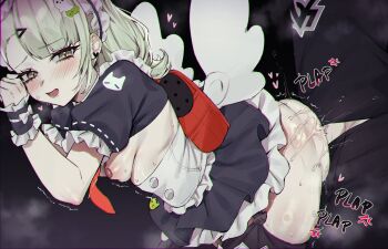 1boy 1girl backpack bag bent_over blush breasts clothed_sex from_side heart hetero highres loli looking_at_viewer looking_to_the_side lost-phews maid nipples open_mouth plap puffy_short_sleeves puffy_sleeves randoseru sex sex_from_behind short_sleeves small_breasts solo_focus sunna_(zenless_zone_zero) sweat winged_bag zenless_zone_zero