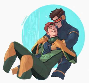 Rule 34 | 2boys, arms around neck, arms up, artist name, blue bodysuit, bodysuit, brown hair, closed mouth, commentary, cropped legs, cyclops (x-men), english commentary, eye contact, genderswap, genderswap (ftm), gloves, green bodysuit, hand on another's wrist, head-mounted display, heart, jean grey, looking at another, male focus, marvel, multiple boys, parted hair, smile, teeth, thedamnthinguy, upper teeth only, white background, x-men, yaoi