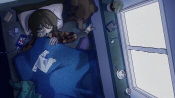 1girl bed blister_pack cellphone charging_device from_above hashtag-only_commentary highres indoors kaai_yuki lying pajamas phone pillow smartphone sn_(sn_utu00) solo stuffed_animal stuffed_rabbit stuffed_toy teddy_bear under_covers vocaloid window