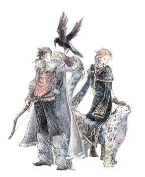 1boy 1girl bird bird_on_hand black_bird black_hair black_jacket black_pants boots bow_(weapon) braid braided_ponytail cape closed_mouth commentary_request cosplay costume_switch cyrus_albright full_body fur_boots fur_cape h'aanit_(octopath_traveler) highres holding holding_bow_(weapon) holding_weapon jacket jacket_on_shoulders linde_(octopath_traveler) octopath_traveler octopath_traveler_i official_alternate_costume pants pink_hair qqqqqli simple_background snow_leopard standing weapon white_background