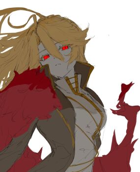 Rule 34 | 1girl, black coat, blonde hair, coat, collared shirt, commentary request, don quixote (project moon), feathers, highres, jacket, la manchaland (identity) (project moon), limbus company, long hair, long sleeves, parted bangs, project moon, red eyes, red feathers, red fur, ritaritatter96, sancho (project moon), shirt, solo, white background, white shirt, yellow eyes
