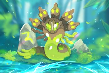 1258265894 blurry blurry_background commentary commentary_request forest full_body gen_6_pokemon leaf legendary_pokemon looking_at_viewer nature nintendo no_humans outdoors pokemon pokemon_(creature) riverbank rock solo symbol-only_commentary water zygarde zygarde_(50)