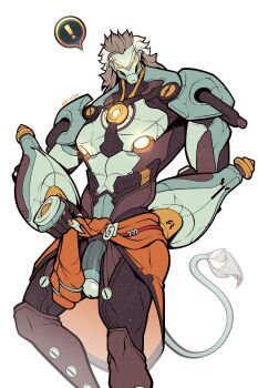 ! 1boy absurdres artist_name banyue_(zenless_zone_zero) bara claws clothes_around_waist commentary english_commentary grey_hair highres long_hair muscular muscular_male o0cho0 penis presenting_penis robot_boy robot_penis speech_bubble spoken_exclamation_mark tail white_background zenless_zone_zero