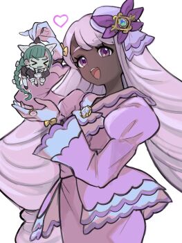 &gt;_&lt; 2girls anzu_(01010611) apron ascot black_romper bow braid braided_ponytail clenched_teeth closed_eyes cowboy_shot dark-skinned_female dark_skin dress fascinator frilled_ascot frills frown glove_bow gloves gold_ring green_hair hair_bow hair_ornament hands_up heart highres jacinthe_(pokemon) juliet_sleeves lebanne_(pokemon) long_braid long_hair long_sleeves looking_at_viewer low_drills maid_apron maid_headdress master_and_servant multiple_girls multiple_hair_bows nintendo open_mouth parted_lips pinky_out pokemon pokemon_legends:_z-a puffy_sleeves purple_dress purple_eyes purple_hair romper smile solo_focus sweatdrop teeth upper_teeth_only v-shaped_eyebrows very_dark_skin very_long_hair white_bow white_gloves