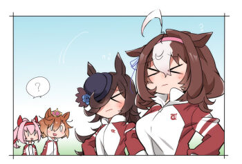 Rule 34 | > <, 0 0, 4girls, ?, ahoge, animal ears, beer hsk, black hat, blue flower, blue rose, blush, bow, brown hair, closed eyes, closed mouth, crown, ear bow, flower, flying sweatdrops, hair between eyes, hair over one eye, hairband, haru urara (umamusume), hat, hat flower, horse ears, jacket, long hair, meisho doto (umamusume), mini crown, multicolored hair, multiple girls, open clothes, open jacket, pink hairband, ponytail, red hairband, red jacket, rice shower (umamusume), rose, shared speech bubble, shirt, small sweatdrop, speech bubble, spoken question mark, sweat, t.m. opera o (umamusume), tilted headwear, track jacket, two-tone hair, umamusume, very long hair, wavy mouth, white bow, white hair, white shirt