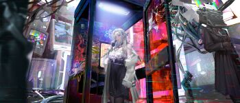 1girl 2others absurdres antique_phone asymmetrical_bangs bare_shoulders between_breasts binary black_dress black_pantyhose black_serafuku blue_shirt breasts broken_glass brown_neckerchief cable caution_tape cleavage coat commentary corded_phone cowboy cowboy_western crt dress eleven_(path_to_nowhere) floating floating_object from_outside glass glitch graffiti grey_eyes hair_bun half_updo halter_dress halterneck highres huming0929 large_breasts mole mole_under_eye multiple_others neckerchief off_shoulder open_clothes open_coat pantyhose paper path_to_nowhere payphone phone phone_booth pleated_skirt purple_lips red-eye_effect rotary_phone school_uniform serafuku shattered shirt skirt smiley_face solo_focus static strap_between_breasts surreal symbol-only_commentary talking_on_phone test_card two-sided_coat two-sided_fabric typewriter vest waistcoat western white_coat white_hair