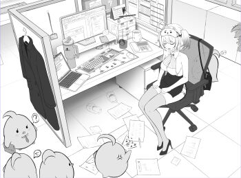 1girl ahoge azur_lane breasts chair closed_eyes collared_shirt computer computer_keyboard computer_mouse cup eye_mask full_body gradient_hair greyscale high_heels highres jiang_you_ji laptop large_breasts manjuu_(azur_lane) mask mask_on_head monochrome mug multicolored_hair office_chair office_lady official_alternate_costume paper pencil_skirt scolding shirt short_hair sideboob sitting skirt sleeveless sleeveless_shirt slippers swivel_chair thighhighs two_side_up z13_(azur_lane) z13_(strategic_date_solution)_(azur_lane)