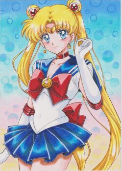 1girl absurdres back_bow bishoujo_senshi_sailor_moon bishoujo_senshi_sailor_moon_(first_season) blonde_hair blue_eyes blue_sailor_collar blue_skirt blush bow bowtie breasts chikoto_(kztc4472) choker closed_mouth collarbone commentary crescent crescent_earrings earrings elbow_gloves gloves hands_up highres jewelry large_breasts long_hair looking_at_viewer magical_girl parted_bangs pleated_skirt red_bow red_bowtie red_choker sailor_collar sailor_moon sailor_senshi_uniform shirt short_sleeves skirt smile solo traditional_media tsukino_usagi twintails upper_body white_gloves white_shirt