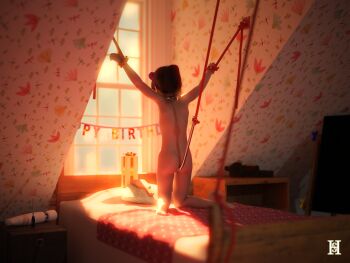 1girl 3d anal_hook artist_request ass barefoot bdsm bed bedroom birthday blurry blush bondage bound breasts collar depth_of_field female_focus flat_chest from_behind highres hitachi_magic_wand indoors kneeling loli nude on_bed restrained sex_toy short_hair slave small_breasts solo tagme vibrator wallpaper_(object) window