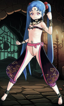 1girl 3d blue_hair blush clitoris_piercing collar earrings facial_mark female_focus fingernails forehead_mark freckles hair_bobbles hair_ornament highres indoors jewelry kyoshourz loli long_hair looking_at_viewer masaki_sasami_jurai monk piercing pink_eyes pussy pussy_piercing solo tenchi_muyou! twintails very_long_hair