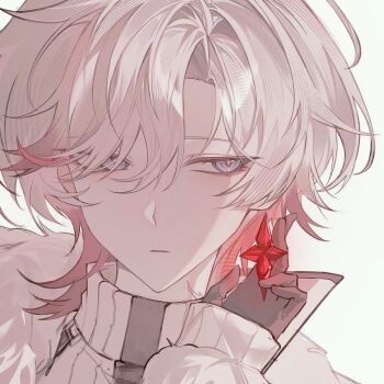 1boy commentary earrings fur_trim genshin_impact illuga_(genshin_impact) jewelry looking_to_the_side mole mole_under_eye multicolored_hair nyangji scar scar_on_neck single_earring solo white_background