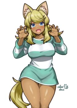 1girl absurdres animal_ear_fluff animal_ears artist_name blonde_hair blue_eyes breasts cat_ears cat_girl cat_tail claw_pose collarbone commentary commission cowboy_shot dark-skinned_female dark_skin english_commentary fangs green_shirt hands_up highres large_breasts light_blush liru long_sidelocks looking_at_viewer open_mouth renkin_san-kyuu_magical_pokaan rotomdocs shirt sidelocks signature solo standing striped_clothes striped_shirt tail thick_eyebrows white_background white_shirt wide_hips