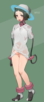 Rule 34 | 1boy, bad id, bad pixiv id, bar censor, blush, censored, cyborg, erection, full body, green background, green hair, hair ornament, hairclip, hat, highres, kinoseihunmatsu, looking at viewer, male focus, mecha danshi, mechanical arms, open mouth, original, penis, red eyes, shirt, short hair, solo, standing, testicles, trap, wet, wet clothes, wet shirt