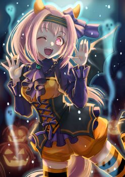 1girl animal_ears ascot black_corset black_thighhighs black_wings blush breasts corset ear_covers flower-shaped_pupils flower_in_eye ghost green_headband hairband halloween halloween_costume haru_urara_(umamusume) headband highres horse_ears horse_girl horse_tail jack-o&#039;-lantern long_hair looking_at_viewer one_eye_closed open_mouth orange_shorts orange_thighhighs otono_(bkt4b) pink_eyes pink_hair ponytail pumpkin purple_ascot purple_shirt shirt shorts smile solo striped_clothes striped_thighhighs symbol-shaped_pupils symbol_in_eye tail teeth thighhighs umamusume upper_teeth_only wings