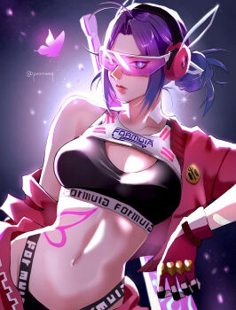 1girl absurdres artist_name black_sports_bra black_sports_panties breasts bug butterfly butterfly_tattoo closed_mouth commentary gloves highres insect jacket large_breasts looking_at_viewer marvel marvel_rivals navel pannaaq pink_gloves psylocke psylocke_(fleeting_butterfly) purple_eyes purple_hair short_hair single_bare_shoulder solo sports_bra sports_panties sunglasses sword tattoo twitter_username weapon yellow_jacket