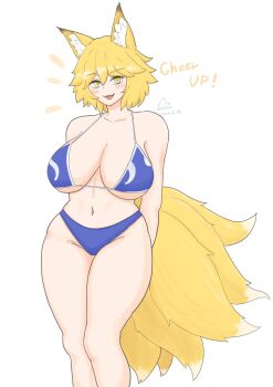 1girl animal_ears arms_behind_back bikini blonde_hair blue_bikini breasts cleavage commentary_request dated english_text fox_ears fox_girl fox_tail groin highres huge_breasts kitsune mixed-language_commentary multiple_tails navel short_hair signature simple_background solo swimsuit tail touhou warosufox white_background yakumo_ran