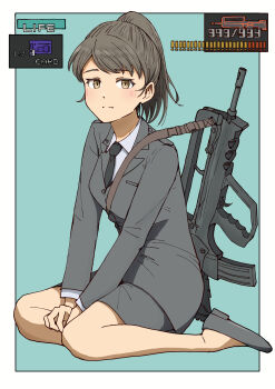 1girl absurdres assault_rifle black_necktie bullpup famas formal_clothes gameplay_mechanics grey_jacket grey_skirt gun haldeco heads-up_display highres jacket looking_at_viewer mei_ling metal_gear_(series) metal_gear_solid military necktie pencil_skirt rifle skirt user_interface weapon