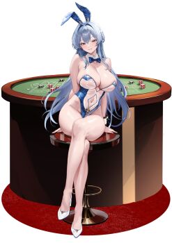 animal_ears aoi_sakura_(seak5545) blue_hair bow bowtie breasts center_opening cleavage detached_collar fake_animal_ears goddess_of_victory:_nikke hair_intakes helm_(nikke) high_heels highleg highres large_breasts leotard navel on_stool playboy_bunny poker_chip poker_table rabbit_ears see-through_clothes see-through_leotard shoes table white_shoes wrist_cuffs