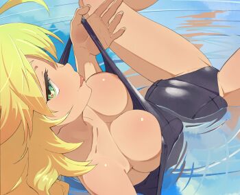 1girl ahoge arm_support bare_shoulders blonde_hair blush breasts cleavage downblouse female_focus from_above green_eyes highres hoshii_miki idolmaster idolmaster_(classic) large_breasts long_hair lying nipple_slip nipples on_back one-piece_swimsuit partially_submerged pulling_own_clothes school_swimsuit shinjiro smile solo spread_legs strap_pull swimsuit tongue water wet