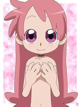 1girl absurdres blush covering_privates covering_breasts fami hatomugisan highres loli long_hair nude ojamajo_doremi pink_eyes pink_hair smile