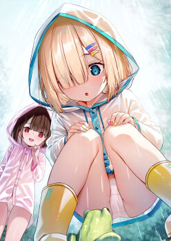 2girls blonde_hair blue_eyes boots commentary_request frog hair_ornament hair_over_one_eye hairclip highres hood hood_up loli multiple_girls nail_polish original panties raincoat red_eyes rubber_boots squatting underwear white_panties yan_(nicknikg)