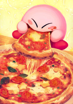 Rule 34 | absurdres, blush, cheese, cheese trail, closed eyes, commentary request, eating, food, food focus, food on face, highres, kirby, kirby (series), leaf, margherita pizza, nintendo, no humans, pizza, simple background, solo, star (symbol), suyasuyabi, tomato, tomato slice, twitter username, yellow background