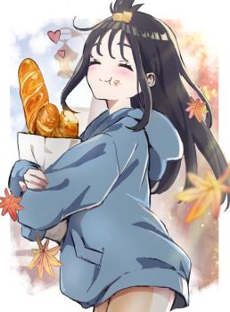 1girl :t bag black_hair blue_hoodie blush bread closed_eyes closed_mouth commentary_request eyelashes falling_leaves food food_on_face from_side happy heart highres hood hood_down hoodie leaf leggings lida_(pokemon) long_hair long_sleeves neppo_(kyeu4233) nintendo paper_bag pokemon pokemon_legends:_z-a sidelocks solo topknot