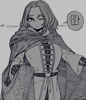 1girl absurdres bone_nigi breasts cloak closed_mouth commentary_request elden_ring embarrassed fingernails grey_background greyscale highres hug image_in_speech_bubble looking_to_the_side medium_hair melina_(elden_ring) middle_part monochrome one_eye_closed solo speech_bubble split_mouth upper_body