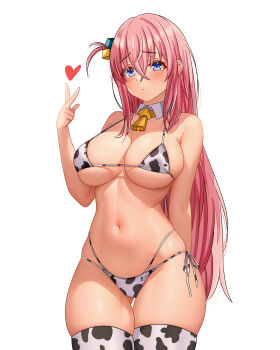 1girl :c absurdres animal_print arm_behind_back bell bikini blue_eyes blush bocchi_the_rock! breasts cleavage closed_mouth collar commentary cow_print cow_print_bikini crossed_bangs cube_hair_ornament detached_collar english_commentary frown gluteal_fold gotoh_hitori hair_between_eyes hair_ornament heart highres large_breasts long_hair looking_at_viewer multi-strapped_bikini navel neck_bell one_side_up pink_hair print_bikini reus_(cetta) simple_background solo standing stomach swimsuit thighhighs thighs v white_background white_bikini white_collar white_thighhighs