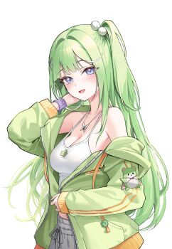 1girl absurdres blue_eyes blush breasts camisole chico_(yuzuha_riko) choppy_bangs chuvi_y cleavage commentary cowboy_shot from_side green_hair green_jacket grey_shorts hair_ornament hand_up highres jacket large_breasts long_hair looking_at_viewer looking_to_the_side multicolored_hair off_shoulder one_side_up open_mouth pom_pom_(clothes) pom_pom_hair_ornament shorts solo spaghetti_strap standing stellive streaked_hair symbol-only_commentary turning_head virtual_youtuber white_camisole wristband yuzuha_riko