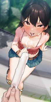 1girl :p absurdres areola_slip arm_support bare_legs bare_shoulders belt black_hair blue_skirt blush bracelet breasts brown_belt brown_eyes camisole clothes_pull collarbone crop_top doraemon dot_nose downblouse food frilled_shirt frills highres holding holding_food holding_popsicle jewelry loli looking_at_viewer low_twintails medium_hair midriff minamoto_shizuka miniskirt naughty_face pleated_skirt popsicle pov r-man red_camisole sandals sexually_suggestive shirt shirt_pull sitting skirt small_breasts solo_focus spaghetti_strap suggestive_fluid tongue tongue_out twintails