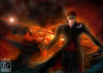 1boy adam_taurus belt chokutou fire gloves hebi-kaze-77 holding holding_sword holding_weapon horns jacket katana mask ootachi red_hair rwby shirt sword waist_cape weapon wilt_and_blush