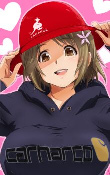 Rule 34 | 10s, 1girl, 71 (nanaichi drafting), blush, breasts, brown eyes, brown hair, female focus, flower, hair flower, hair ornament, hat, idolmaster, idolmaster cinderella girls, large breasts, looking at viewer, mimura kanako, open mouth, short hair, smile, solo, upper body