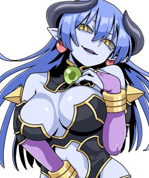 1girl armor astaroth_(shinrabanshou) bare_shoulders black_horns black_leotard black_sclera blue_hair blue_skin breasts bridal_gauntlets clothing_cutout colored_sclera colored_skin demon_girl demon_horns earrings gem green_gemstone hair_between_eyes hand_on_own_chest heart heart_earrings horns jewelry large_breasts leotard long_hair looking_at_viewer navel_cutout nikakukei0 parted_lips pointy_ears purple_bridal_gauntlets shinrabanshou simple_background slit_pupils smile solo upper_body white_background yellow_eyes
