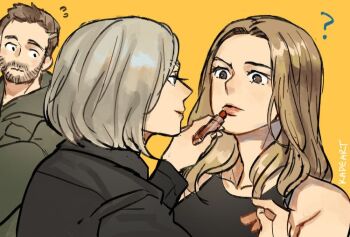 1boy 2girls ? artist_name avengers:_endgame avengers_(series) bare_shoulders beard black_eyes black_jacket black_tank_top black_widow blonde_hair blue_eyes breasts brown_eyes brown_hair carol_danvers closed_mouth collarbone commentary cosmetics facial_hair fingernails flying_sweatdrops green_hoodie half-closed_eyes hands_up holding holding_lipstick_tube hood hoodie jacket kadeart light_brown_hair lips lipstick lipstick_tube long_hair long_sleeves looking_at_another makeup marvel marvel medium_breasts multiple_girls natasha_romanoff orange_background pocket puffy_long_sleeves puffy_sleeves red_lips short_hair simple_background smile standing symbol-only_commentary tank_top thor_(marvel)