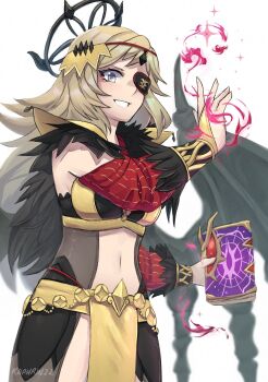 1girl armpits black_feathers bodystocking book breasts commentary english_commentary eyepatch feather_trim feathers fire_emblem fire_emblem_fates fire_emblem_heroes highres hip_armor holding holding_book kaphrin looking_at_viewer medium_breasts navel nintendo o-ring official_alternate_costume ophelia_(fire_emblem) ophelia_(starlit_maiden)_(fire_emblem) pelvic_curtain shoulder_pads solo stomach thighs