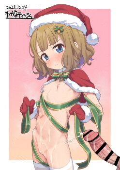 1boy 1girl adversarial_noise artist_name bar_censor bell blue_eyes blush border bow bowtie breasts brown_background brown_hair capelet censored christmas cleft_of_venus cum cum_on_body cum_on_stomach dated fur-trimmed_capelet fur-trimmed_gloves fur-trimmed_headwear fur_trim gloves gradient_background green_bow green_bowtie green_ribbon hair_bell hair_bow hair_ornament hat hetero highres hip_bones holding holding_ribbon idolmaster idolmaster_million_live! kanabun leaf_hair_ornament loli looking_at_viewer medium_hair naked_ribbon navel nipples outside_border parted_lips penis pink_background pom_pom_hat_ornament pussy red_capelet red_gloves red_hat ribbon santa_costume santa_hat small_breasts solo_focus striped_bow striped_bowtie striped_clothes suou_momoko thighhighs white_border white_thighhighs