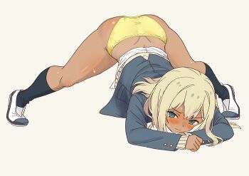 1girl ass blonde_hair blue_eyes blush cardigan commentary_request crotch_seam daipunch dark-skinned_female dark_skin embarrassed full_body galzaki-san_(daipunch) gyaru hands_on_ground highres jack-o&#039;_challenge kogal looking_at_viewer meme original panties school_uniform shoes simple_background socks solo spread_legs sweat tan thighs top-down_bottom-up underwear variant_set white_background wide_spread_legs yellow_panties