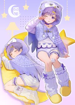 1boy animal_hood capelet choker closed_eyes cocolo_(co_co_lo) gauze_on_knee hair_ornament hairclip highres hood hood_up hooded_capelet leg_warmers long_sleeves male_focus one_eye_closed original pajamas parted_lips pom_pom_(clothes) purple_capelet purple_choker purple_eyes purple_hair shorts sleeping slippers star_(symbol) striped_clothes striped_shorts white_leg_warmers yellow_slippers