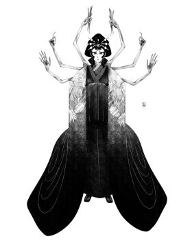 1girl absurdres carp demon dress full_body greyscale hair_ornament highres japanese_clothes kimono long_sleeves makeup monochrome original simple_background solo white_background zakuro_manga