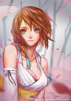 00s 1girl artist_name bare_shoulders beads blue_eyes blurry braid breasts brown_hair chromatic_aberration cleavage collarbone depth_of_field detached_sleeves female_focus final_fantasy final_fantasy_x gradient_background green_eyes heterochromia japanese_clothes large_breasts looking_at_viewer neck obi petals ribbon-trimmed_sleeves ribbon_trim sash short_hair smile solo songjikyo upper_body watermark web_address yuna yuna_(ff10)