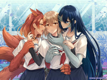 3girls air_bubble animal_ears black_choker blue_eyes blue_hair blue_skirt blush brown_eyes brown_hair bubble choker cinnamyon claws commentary coral fish fox_ears fox_girl fox_tail girl_sandwich hand_on_another&#039;s_neck hand_on_another&#039;s_waist highres holding_another&#039;s_wrist indoors kitsune kyuubi long_hair missing_eye monster_girl multiple_girls multiple_tails open_mouth orange_hair oumi_shiori parted_lips pleated_skirt sailor_collar sandwiched scales school_uniform serafuku shirt short_hair skirt smile tail tongue tongue_out two_side_up underwater watashi_wo_tabetai_hitodenashi white_sailor_collar white_shirt yaotose_hinako yashiro_miko yellow_eyes yuri