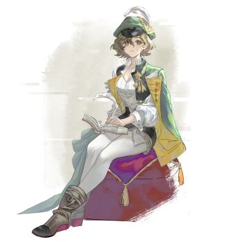 1girl ankle_boots black_shorts black_vest boots breasts brown_boots brown_hair cape cleavage collarbone commentary earrings full_body green_cape green_eyes green_hat hair_between_eyes hat hat_feather highres holding holding_notebook holding_quill jewelry left-handed looking_at_viewer medium_breasts mmihpyy mole mole_under_eye newsboy_cap notebook open_clothes open_vest pantyhose parted_lips quill recoleta_(reverse:1999) reverse:1999 shirt short_hair short_shorts shorts side_cape sidelocks sitting solo vest white_background white_pantyhose white_shirt