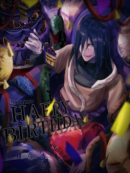 1boy animal birthday_cake black_hair cake cake_slice confetti dated food happy_birthday highres long_hair long_sleeves looking_at_viewer male_focus naruto_(series) orochimaru_(naruto) pale_skin siokosyousio snake solo tongue tongue_out yellow_eyes