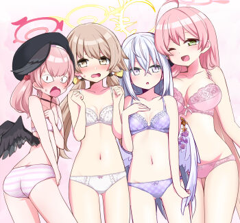 <|>_<|> 4girls absurdres ahoge angel_wings azusa_(blue_archive) beret black_hat black_wings blue_archive blush bow bow_bra bow_on_wing bow_panties bra breasts brown_hair cleavage collarbone commentary_request crescent_halo crossed_bangs diagonal-striped_bra double-parted_bangs feathered_wings flower gluteal_fold green_eyes groin hair_flower hair_ornament halo hanako_(blue_archive) hand_on_own_chest hat head_wings hifumi_(blue_archive) highres koharu_(blue_archive) lace lace-trimmed_bra lace-trimmed_panties lace_trim large_breasts long_hair long_sidelocks looking_at_viewer looking_back low_wings make-up_work_club_(blue_archive) medium_breasts multiple_girls navel open_mouth orange-bird panties pink_background pink_bra pink_hair pink_halo pink_panties purple_bra purple_eyes purple_flower purple_panties red_halo ribbon sidelocks slit_pupils small_breasts striped_clothes striped_panties sweat twintails underwear underwear_only vertical-striped_clothes vertical-striped_panties very_long_hair white_bra white_hair white_panties white_wings wing_ornament winged_halo wings yellow_eyes yellow_halo yellow_ribbon