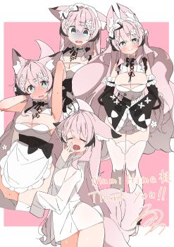 Rule 34 | 1girl, 3:, = =, \||/, absurdres, animal ear fluff, animal ears, apron, aqua eyes, bell sleeves, belt, belt bow, black belt, black bow, blush, border, bow, breasts, bright pupils, cleavage, closed mouth, collar, commentary, cowboy shot, cropped legs, detached sleeves, ears down, fluffy hair, fox ears, fox girl, fox tail, frilled apron, frilled collar, frilled sleeves, frills, from side, full body, hair between eyes, hair bow, hand to own mouth, heart, heart in mouth, highres, indie virtual youtuber, large breasts, long hair, looking at viewer, maid, maid apron, maid headdress, mole, mole on breast, mole under eye, multi-source commentary, multiple tails, multiple views, mumi hime (vtuber), no nose, no pupils, nose blush, open mouth, outside border, oversized clothes, oversized shirt, pink background, shirt, signature, simple background, sleeves past fingers, sleeves past wrists, smile, straight-on, sweat, sweatdrop, tail, thank you, thighhighs, thighs, turn pale, uruti 2388, very long hair, virtual youtuber, waist apron, white apron, white border, white bow, white pupils, white shirt, white thighhighs, yawning