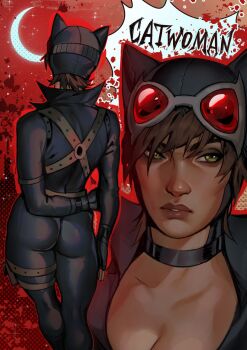 1girl animal_ears ass batman_(series) black_bodysuit black_choker black_gloves black_hat bodysuit breasts brown_hair cat_ears catsuit catwoman character_name choker cleavage crescent_moon dark-skinned_female dark_skin dc_comics fake_animal_ears gloves goggles goggles_on_head green_eyes harness hat highres leather_suit looking_to_the_side moon parted_lips red-tinted_eyewear red_background redgreengoblin selina_kyle short_hair solo thigh_strap tinted_eyewear