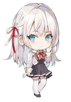 1girl absurdres ahoge alisa_mikhailovna_kujou black_shoes black_skirt blazer blue_eyes blush bow bowtie buttons chibi chibi_only closed_mouth collared_shirt commentary_request double-breasted frown full_body grey_jacket hair_ribbon hand_on_own_cheek hand_on_own_face hand_up highres jacket knee_up lapels long_hair long_sleeves looking_to_the_side momoko_(momopoco) notched_lapels official_art open_clothes open_jacket pleated_skirt red_bow red_bowtie red_ribbon ribbon school_uniform second-party_source seiren_academy_school_uniform shirt shoes simple_background skirt solo standing tachi-e thighhighs tokidoki_bosotto_roshia-go_de_dereru_tonari_no_alya-san white_background white_hair white_shirt white_thighhighs wing_collar zettai_ryouiki